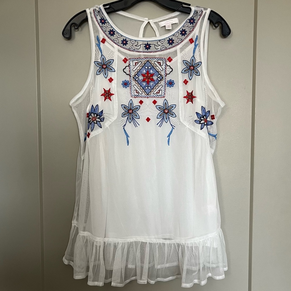 Embroidered Sheer Ruffle-Hem Tank Top